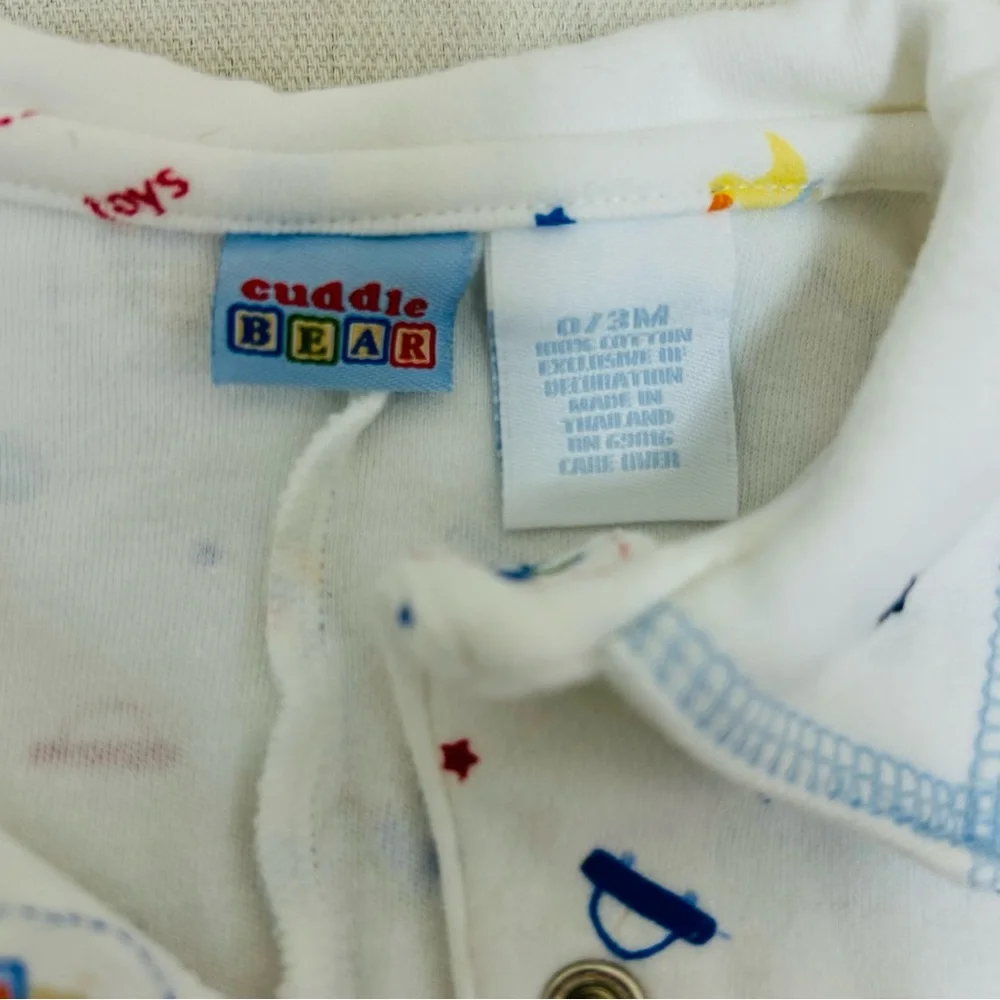 Cuddle Bear Vintage Playful White and Blue 100% Cotton Baby Footie 0/3M